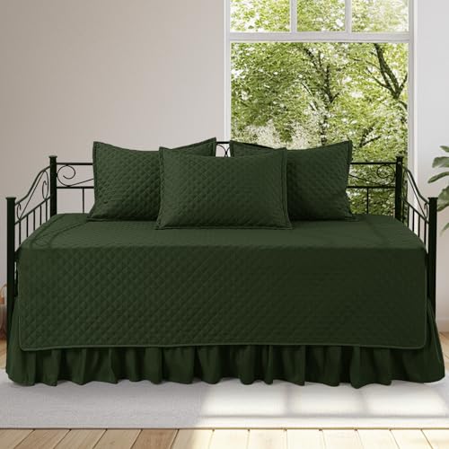 5-Piece Quilted Daybed Bedding Set with Bedskirt & Shams, Twin Size, Olive Green