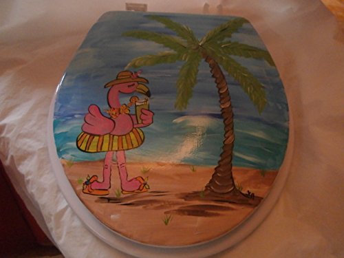 Hand Painted Flamingos Beach Toilet Seat - Sealed White Bathroom Accessory