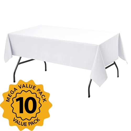 10-Pack White Rectangle Tablecloths, 60 x 102 Inch Washable Polyester