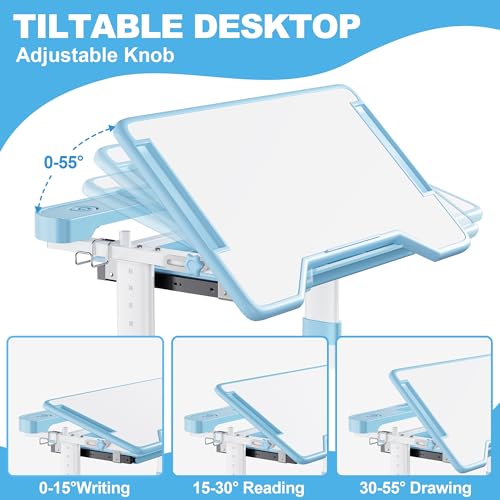 Height Adjustable Kids Study Desk and Chair Set with LED Lamp and Drawer