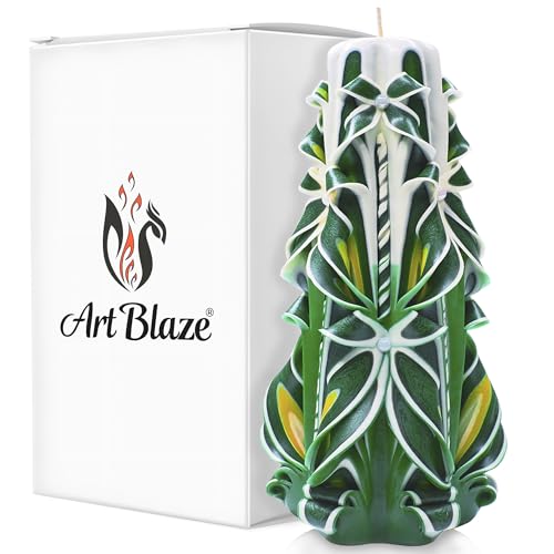 ART BLAZE Large 8.27in Green Carved Candle – Handmade Unscented Long-Burning Home Decor Gift