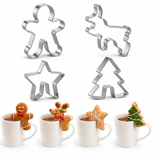 Crethinkaty 4 Pcs Christmas Stainless Steel Mug Rim Cookie Cutters – Edges Over the Edge Cup Moulds, Gingerbread Elk Tree Star