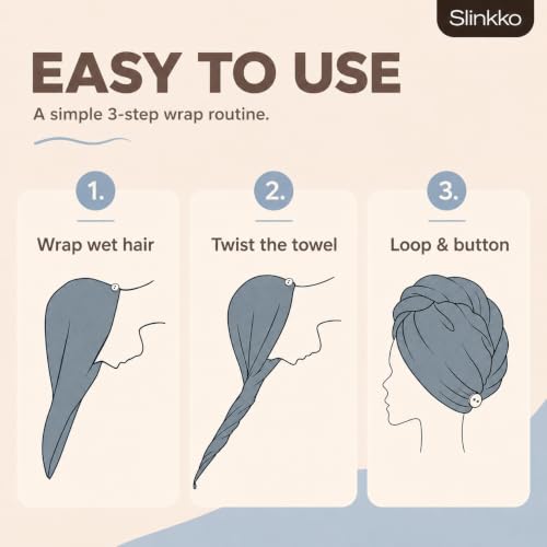 Slinkko Microfiber Hair Towel Wrap Blue & Grey - Quick Dry, Soft & Lightweight