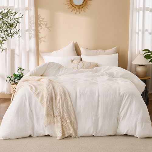 Off-White Queen Duvet Cover Set - 100% Sandwashed Cotton 3-Piece Bedding
