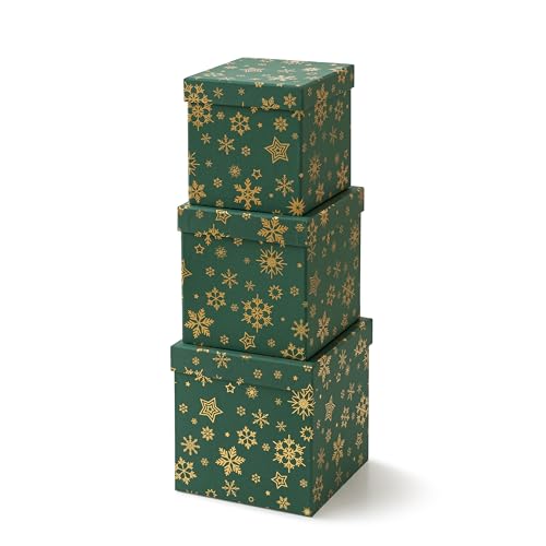 Soul & Lane Christmas Nesting Gift Boxes with Lids - Emerald Snowfall Set of 3, Green Holiday Decor