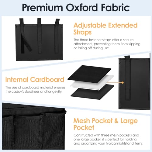 Bedside Caddy Storage Organizer - 4-Pocket Hanging Bed Organizer, Black