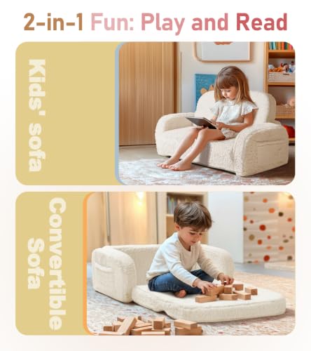 2-in-1 Sherpa Fold-Out Kids Couch, Convertible Foam Sofa Chair, Beige