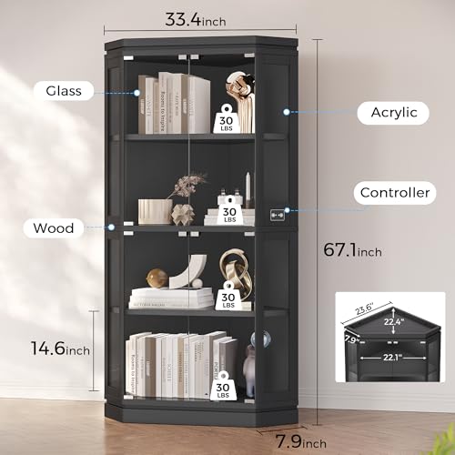 67-Inch Corner Glass Display Cabinet with RGB Lights and Motion Sensor