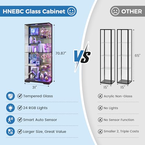 Frameless Glass Display Cabinet with RGB Motion Sensor Lighting, 10-Tier