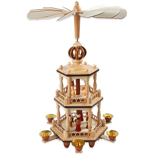 17" Wooden Christmas Pyramid - 3-Tier Nativity Carousel with 6 Candle Holders