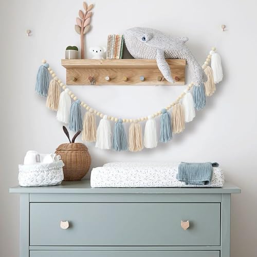 Boho Blue Tassel Garland with Wood Beads for Nursery and Home Decor