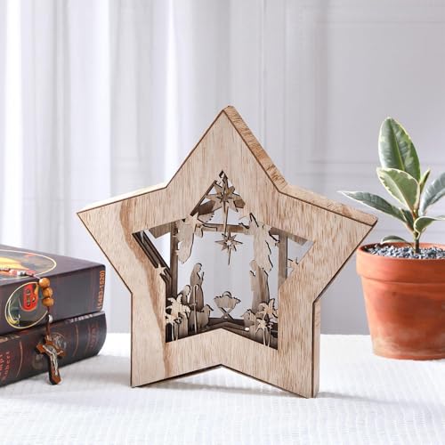 LED Wooden Nativity Scene Star Ornament - Rustic Tabletop Christmas Display