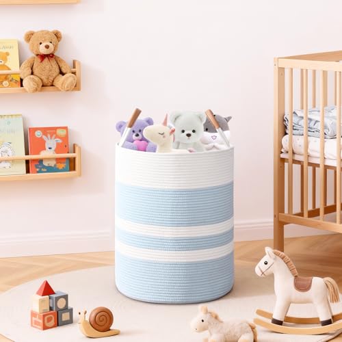 Large 60L Woven Cotton Rope Laundry Hamper with Sturdy Leather Handles