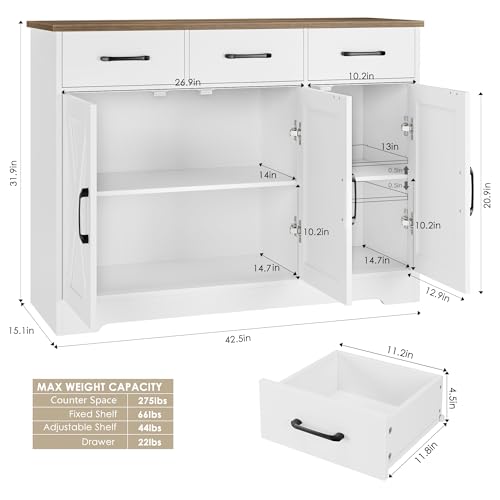 Modern Farmhouse Buffet Cabinet with 3 Drawers and Adjustable Shelves, 42.5"