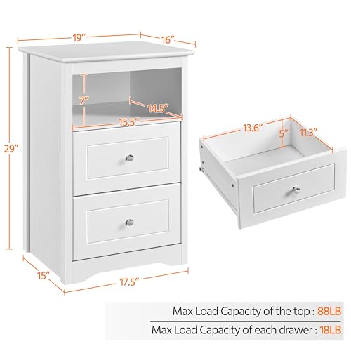 Tall 2-Drawer Nightstand with Open Shelf, White MDF Bedside Table