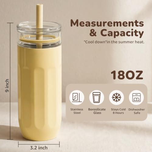 Yellow 18 oz Vacuum Insulated Glass Tumbler with Straw & Spout Lids - Keeps Drinks Cold 12H