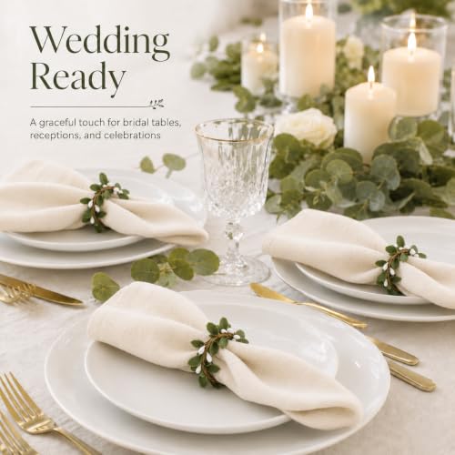 Cloud-LINK Artificial Eucalyptus Napkin Rings Set of 8 with White Berry Accents for Wedding & Holiday Decor