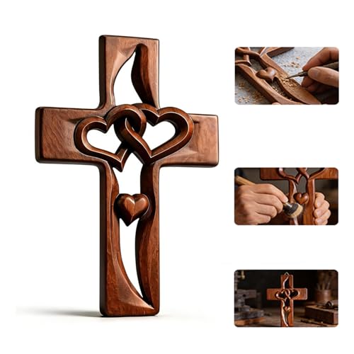 Hand-Carved Wooden Wall Cross with Intertwined Hearts, 9.84-Inch