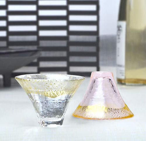 Japanese Sake Glass Set with Mt. Fuji & Gold Cherry Blossom - Pink & Clear, 2 Pack
