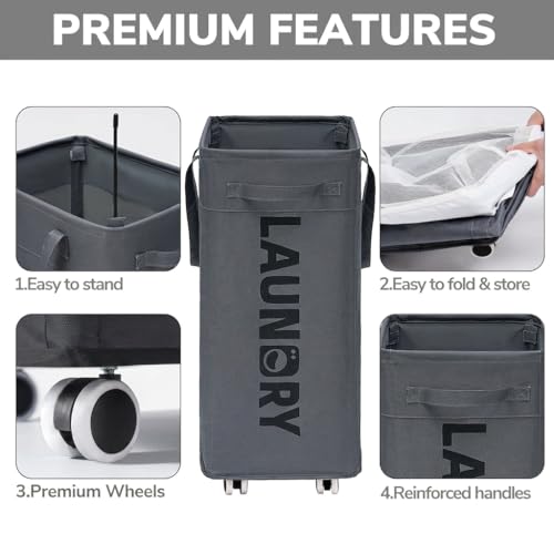 75L Rolling Laundry Basket with Wheels & Removable Mesh Liner - Grey