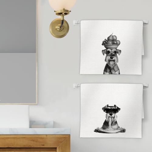 Funny Schnauzer Dog Kitchen Towels Set of 2 - Decorative Pasta & Fruit Bowl Hand Towels for Home & Gift