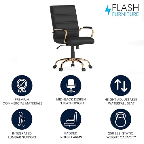 Mid-Back Swivel Office Chair with Gold Frame and Padded Armrests