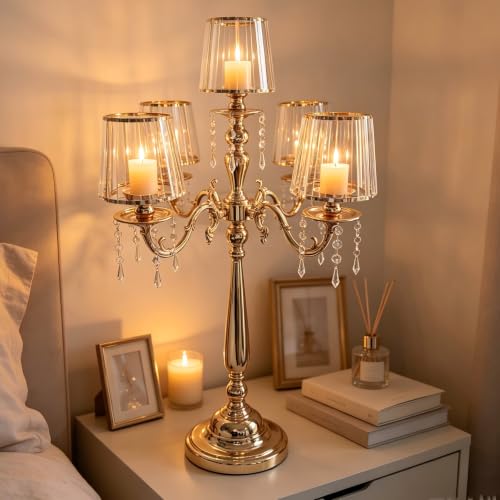 5-Arm Gold Candelabra Centerpiece 33-Inch Tall with Glass Shades & Crystal Pendants - VINCIGANT