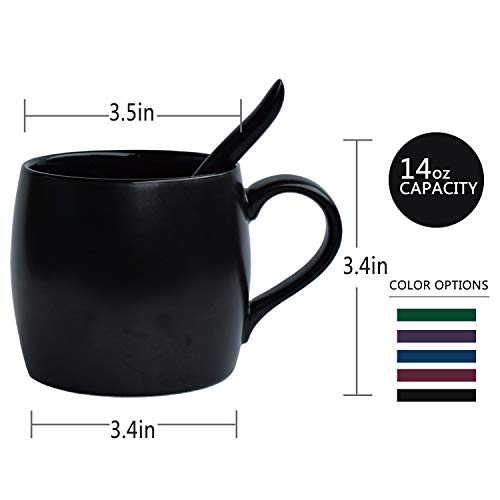 Bosmarlin 14oz Ceramic Coffee Mug with Spoon - Matte Black, Dishwasher & Microwave Safe