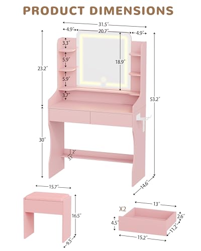 Vanity Desk with LED Lighted Mirror, Drawers, Stool, and Charging Station
