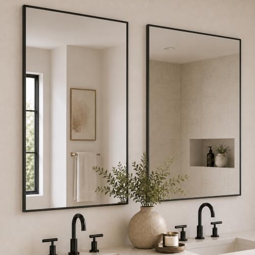 2-Pack 24x36 Inch Matte Black Bathroom Vanity Wall Mirrors, Tempered Glass