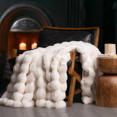 Ivory Faux Rabbit Fur Throw Blanket, 60x80 Inch Sculpted Bubble Texture
