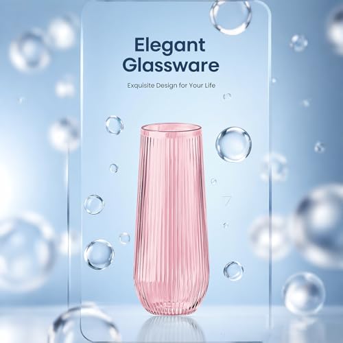48 Pack Pink Ribbed Plastic Champagne Flutes - Stemless Disposable 9 Oz Shatterproof Recyclable BPA-Free for Weddings & Parties
