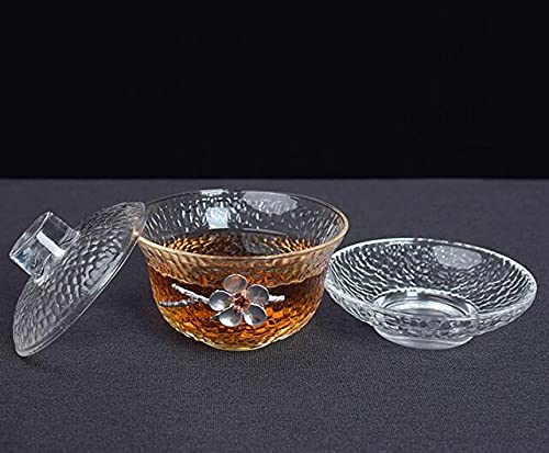 Eplze YBK Tech Crystal Gaiwan, Glass Kung Fu Tea Cup with Saucer and Lid, Chinese Traditional, Sancai Tea Bowl (Clear cup with plum flower)