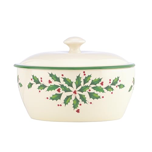 Lenox Holiday Porcelain Covered Casserole Dish with Holly Motif - Festive Serveware
