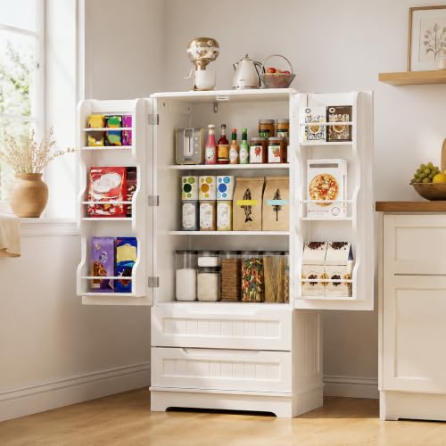 Gizoon 47-Inch White Pantry Cabinet with 2 Drawers & 6 Shelves for Small Spaces
