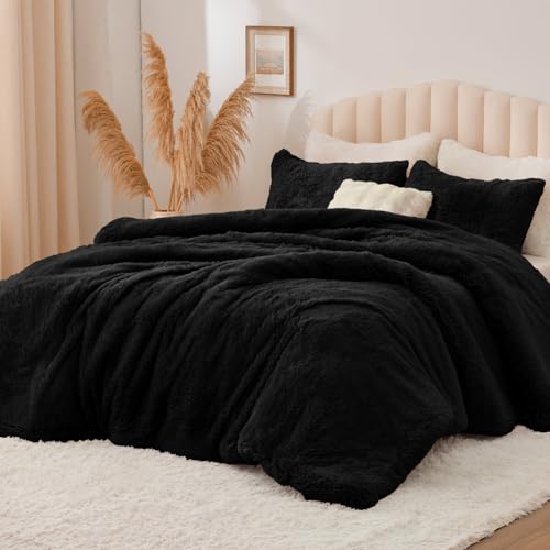 BEDELITE Black Faux Fur Comforter Set Queen - Fluffy Warm Cozy Bedding