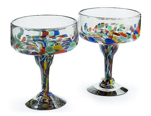 Hand Blown Mexican Margarita Glasses Set of 2 - Colorful Confetti Design, 16 oz