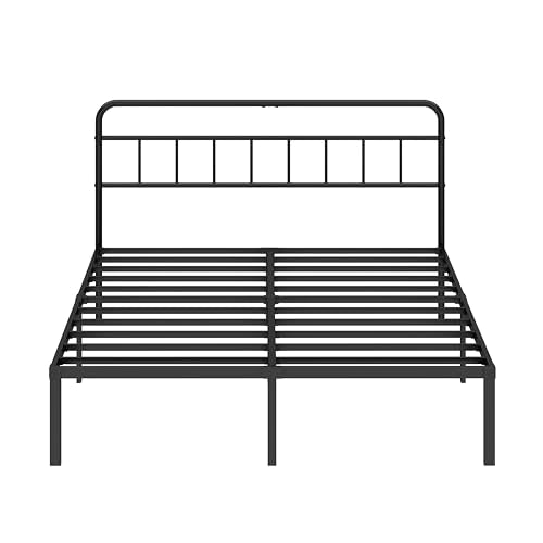 Queen Size Metal Bed Frame with Classic Headboard and Under-Bed Storage