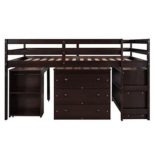 Full Size Wood Loft Bed with Rolling Desk, Bookshelf, and Storage Drawers