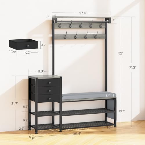 Entryway Hall Tree with Bench, Shoe Storage, and Coat Rack with Cushion