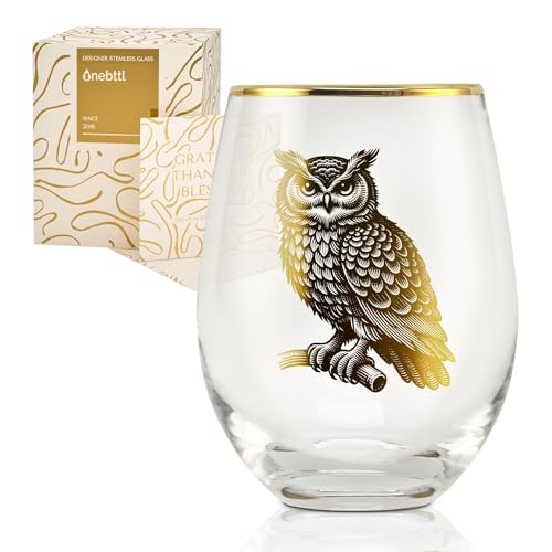 Onebttl 18oz Stemless Owl Wine Glass with Gold Details - Perfect Gift for Owl Lovers
