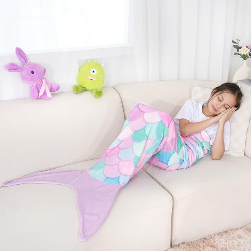 Kids Mermaid Tail Blanket - Soft Plush Flannel Wearable Blanket for Girls