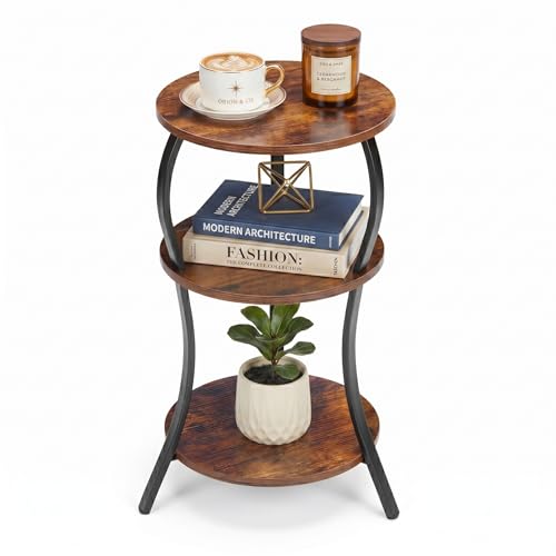 3-Tier Round Side Table, Industrial Compact End Table for Small Spaces