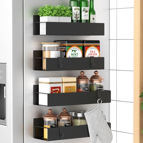 Heavy-Duty Magnetic Spice Rack for Refrigerator - Black Metal (4 Pack)