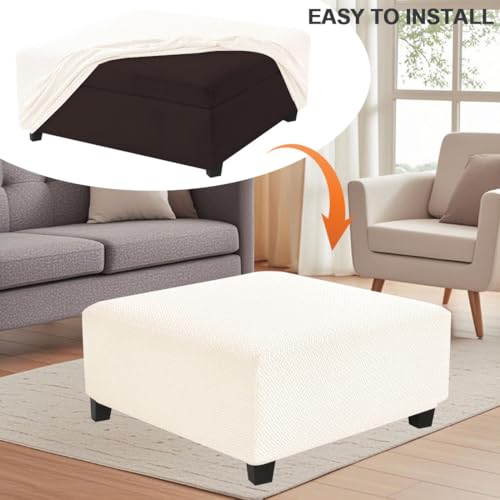 Large Waterproof Square Ottoman Cover with Elastic Bottom - Beige