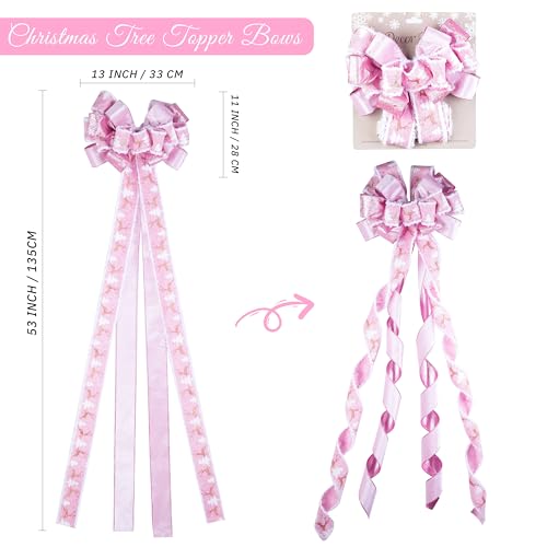 Pink Christmas Tree Topper Bow - 13x53 Inch Large Ribbon Bow with Streamers