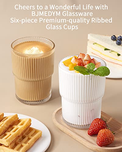 BJMEDYM 6-Pack Clear Ribbed Drinking Glasses 14oz Stackable Bar & Kitchenware