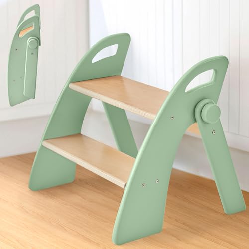 Foldable 2-Step Bamboo Stool for Toddlers with Handles and Non-Slip Pads