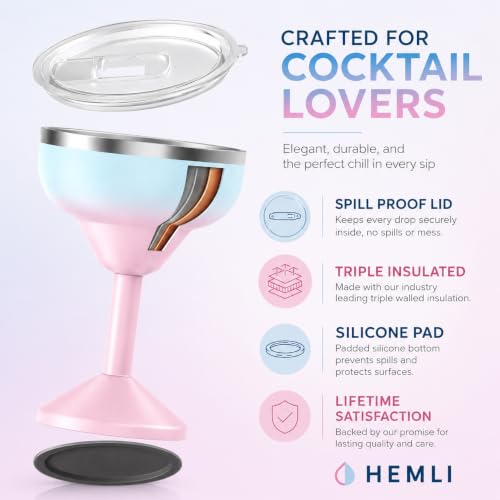 Hemli Insulated Margarita Glass Tumbler with Lid - Green Pink, Keeps Drinks Cold 12 Hours
