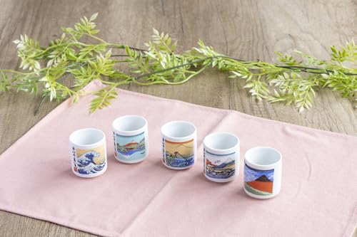 Mino Ceramic Sake Cups Set of 5 with Hokusai Mt. Fuji Art - Made in Japan